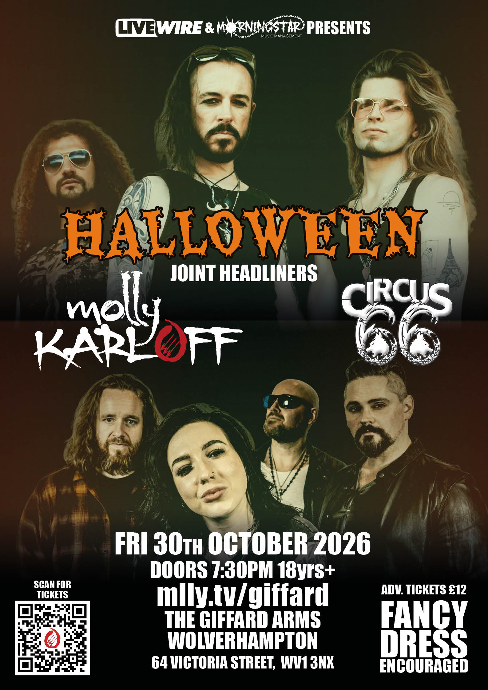 Halloween poster: Molly Karloff and Circus 66, joint headliners at The Giffard Arms, Wolverhampton, Friday 30 October 2026, fancy dress encouraged, 18+